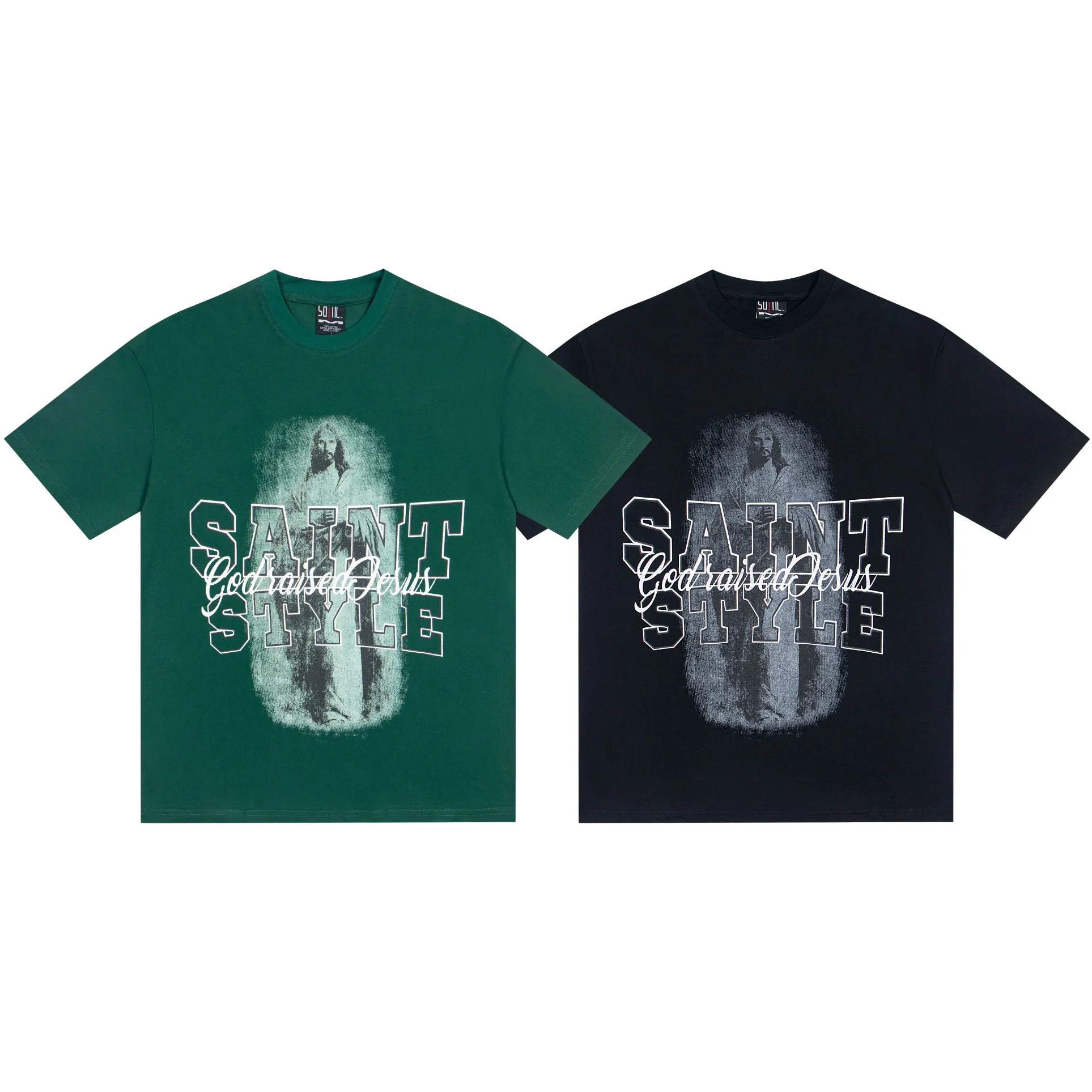 100💰 S07# Mechao SAINT white ink direct-injection pure cotton 260g loose short-sleeved T-shirt 27 black, green S-XL